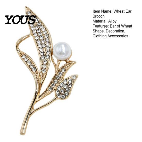Wheat Ear Brooch of Faux Pearl Brooch, Rhinestone Leaf Alloy Lapel Pin, Electroplated Jewelry Sweater Cardigan Coat Business Suit Clothing Accessories