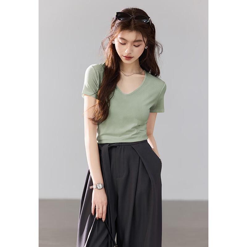 VICTORIA&VERA Women's Ribbed High-Stretch Mulberry Silk Short Sleeve T-Shirt