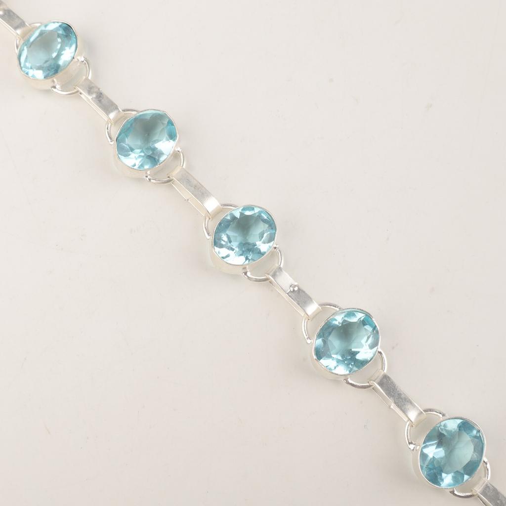 Sky Blue Topaz Gemstone 925 Sterling Silver Jewelry Handmade Bracelet9" For Gift RB-6-16