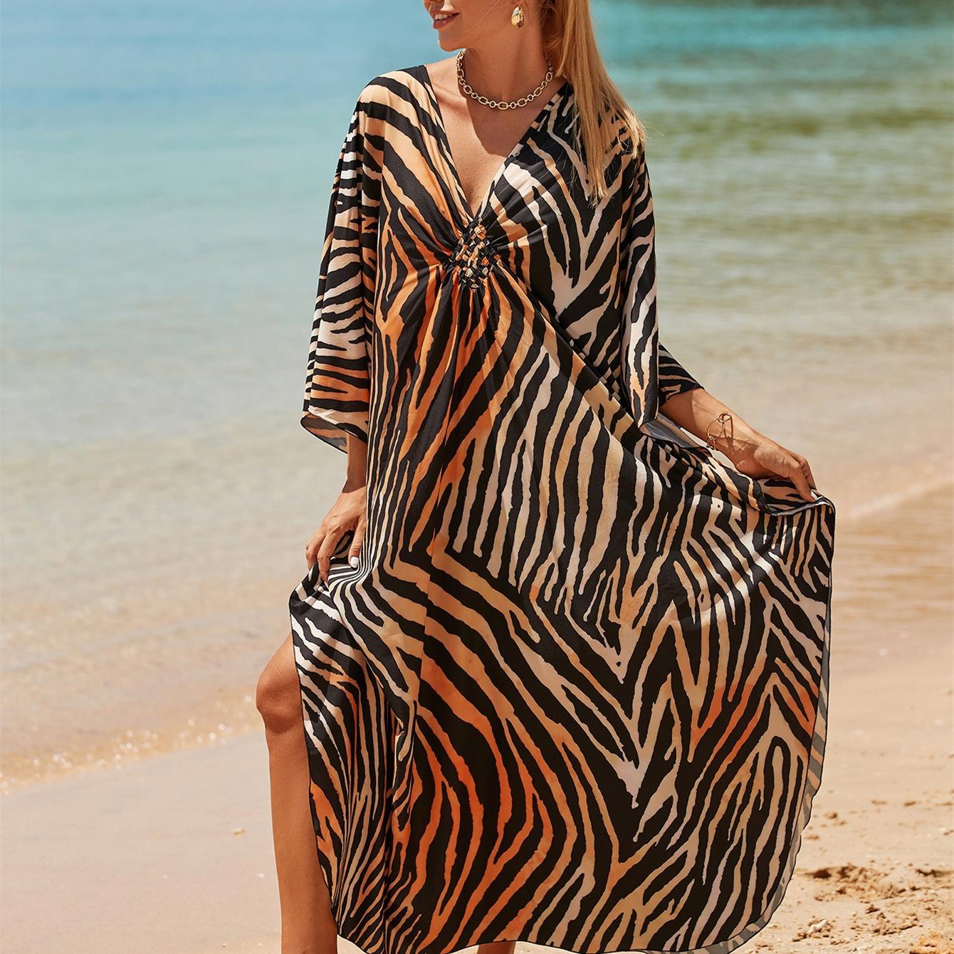 

YYFS женские модные каникулы лето-весна черные коричневые повседневные платья с v-образным вырезом и длинным рукавом с принтом зебры One Size чёрный/коричневый