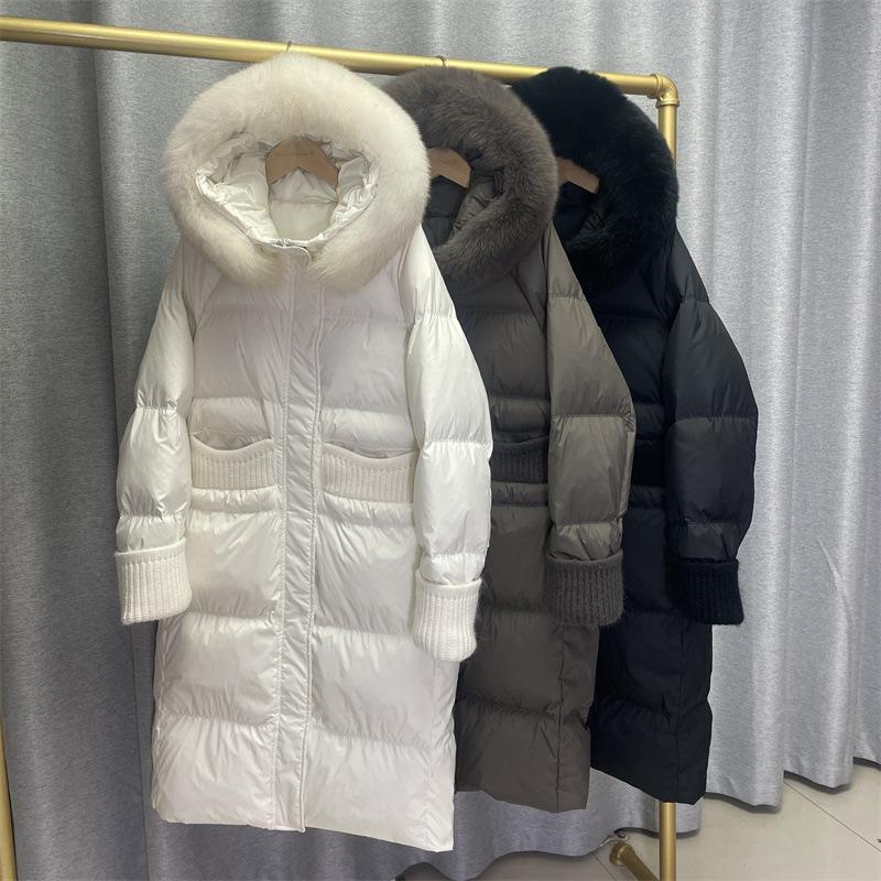Long white duck down jacket women's new knee thickened hooded big fur collar loose large size tide