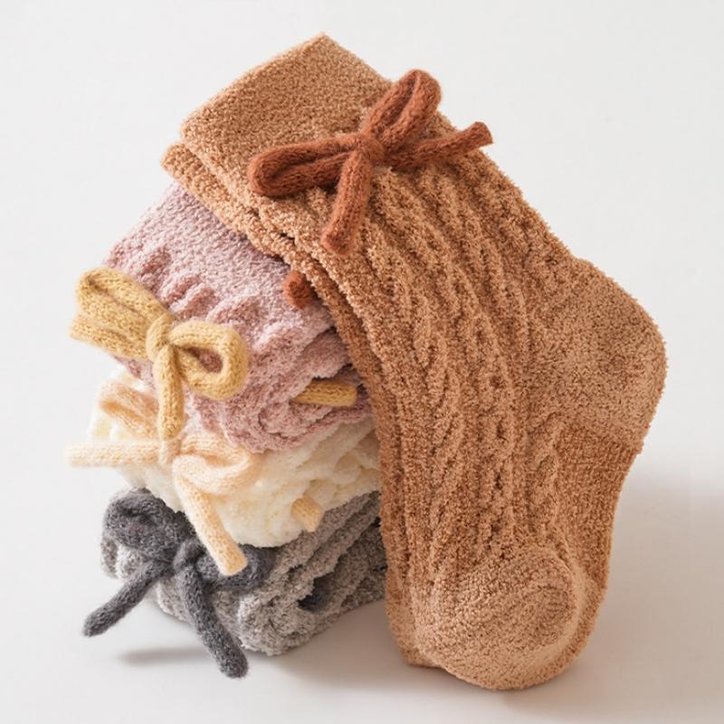 Baby Socks Solid Cotton Soft Long Princess Socks Plugging And Thickening with Cute Bow Boy Girls Stretchy Warm Cozy Casual Socks