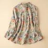 Women's Spring Linen Print Shirt Floral Vintage Causal Long-Sleeve Blouse