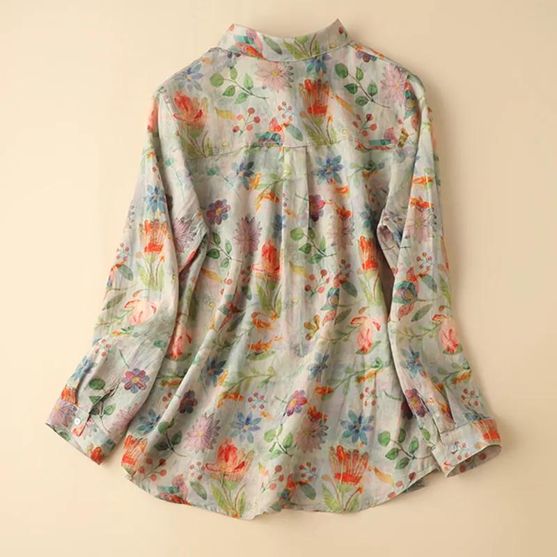 Women's Spring Linen Print Shirt Floral Vintage Causal Long-Sleeve Blouse