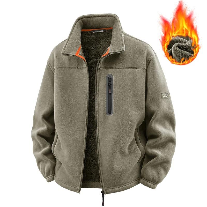 Solid Men's Fleece-Lined Bomber Jacket Winter Windproof Stand-Collar Zip-Up Thicken Warm Plush Coat Fashion Clothing