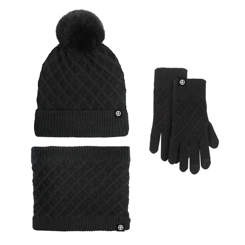Hat, Scarf, Gloves Three-piece Set, Winter Velvet Outdoor Warm Hairball Knitted Hat Three-piece Set