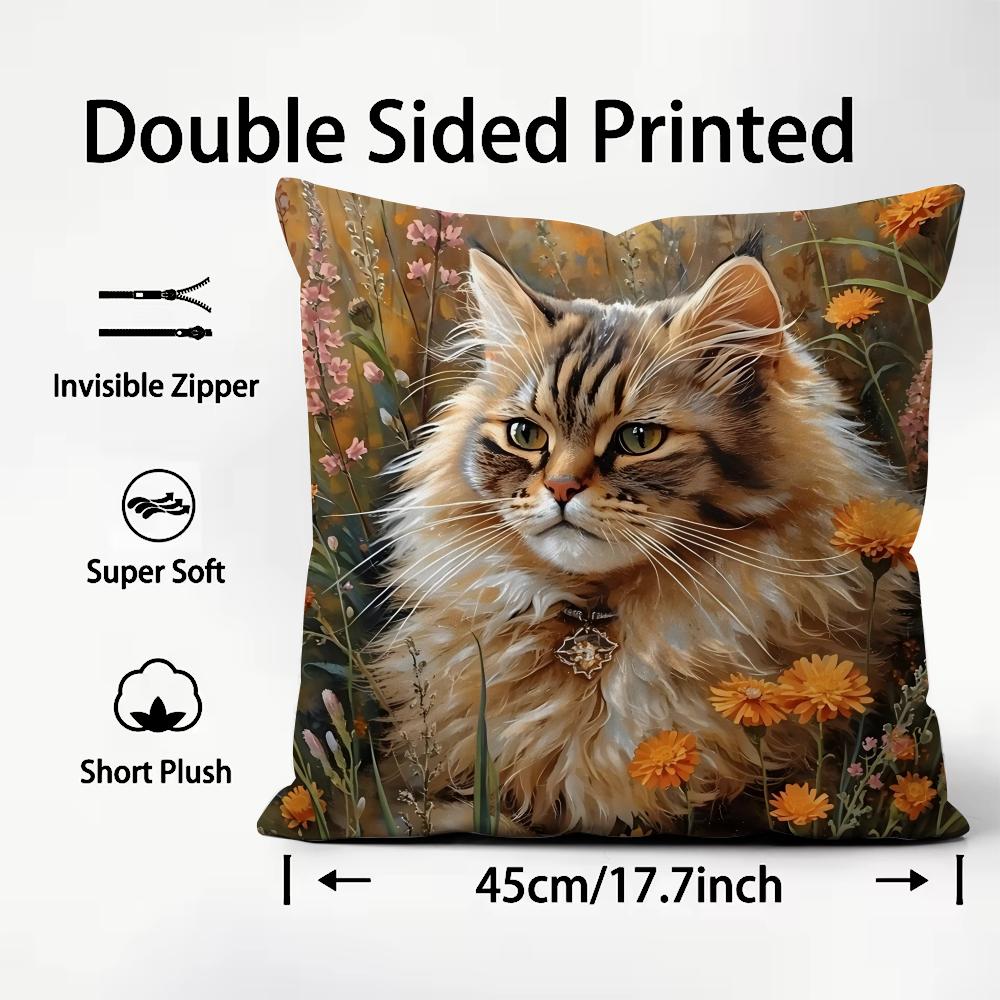 Cat And Flower Fashion Cushion Cover Plush Fabric Soft DoubleSided Printed Sofa Warm Winter Home Child Gift Pillow Case