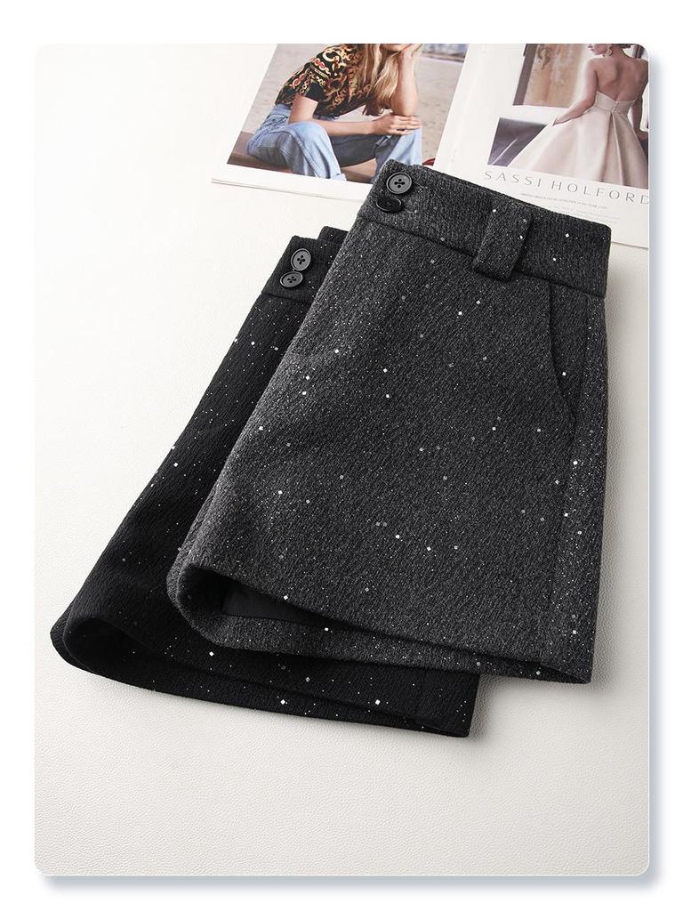 Women's Woolen High Waist A-Line Gray Shorts - Thickened Winter 2024 Collection