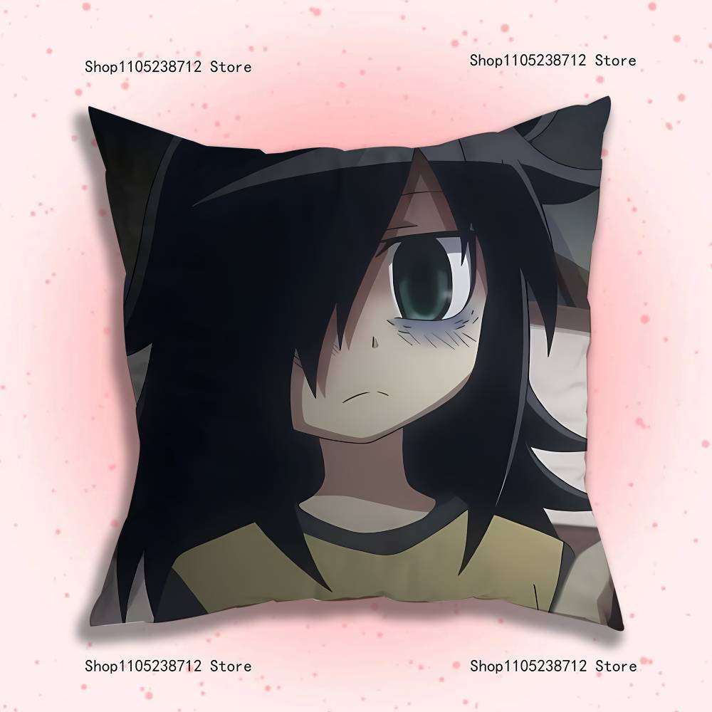 W-Watamote Tomoko Kuroki Anime Pillow Case Anti-Dustmite Pillowcase Invisible Zipper Silky Short Plush Sofa Cushion Cover Peach skin 18*18(CM)-1Pcs