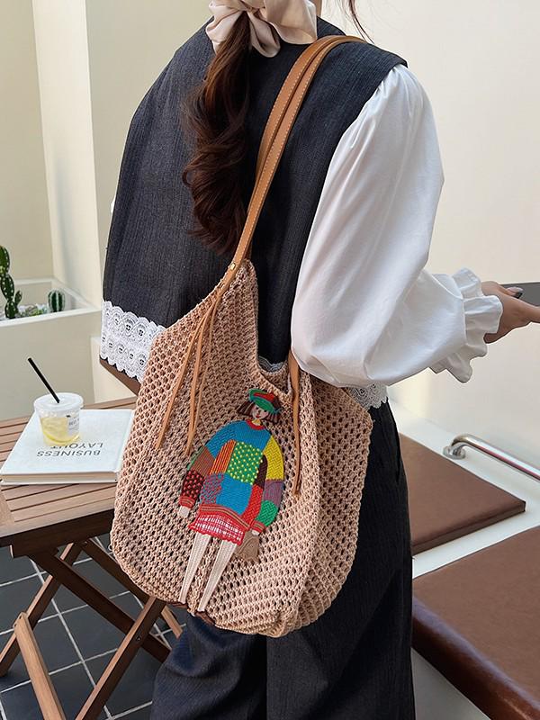 Damen geflochtene Stroh-Schultertasche - Nischenmarkt, Lässiger Stil, Hohlmuster für Urlaub oder Pendeln