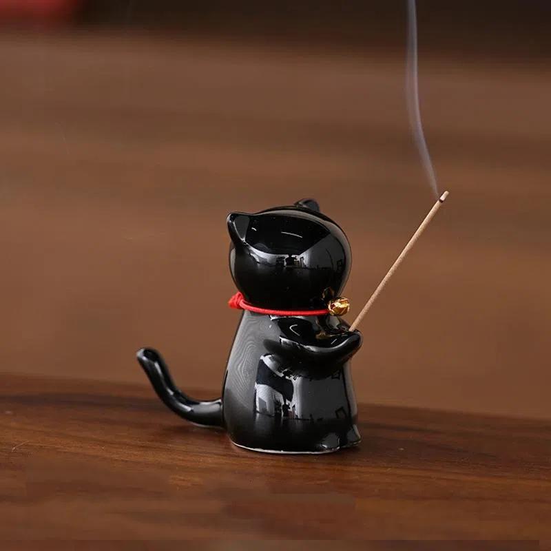 Cute Wishing Cat Ceramic Incense Burner Decoration Indoor Line Incense Holder for Tea Table | Temples Yoga Studios Home Decor