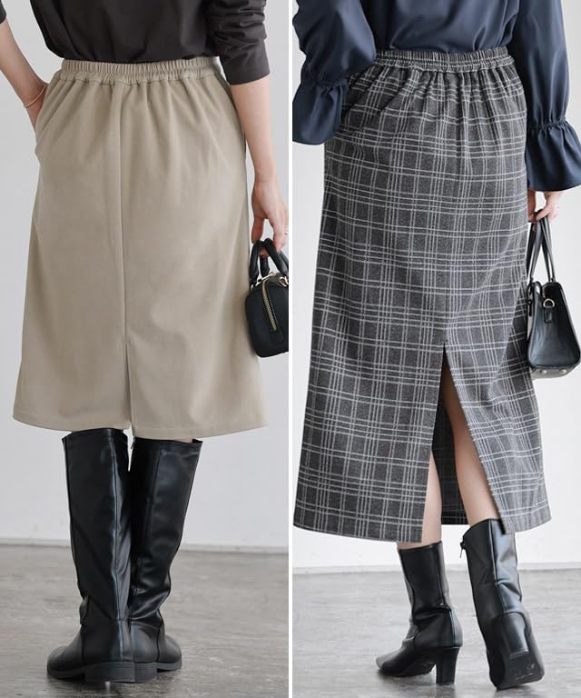 Pierrot Brushed Stretch Size Check Pattern Cashmere-Touch I-Line Skirt, Fabric, Waist, Below-the-Knee Length, Women's, M,