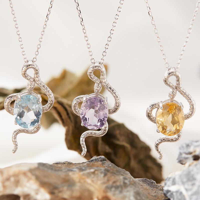 Zodiac Snake Natural Colored Treasure Topaz Amethyst Pendant Necklace S925 Sterling Silver Inlaid Xiaohongshu Earrings