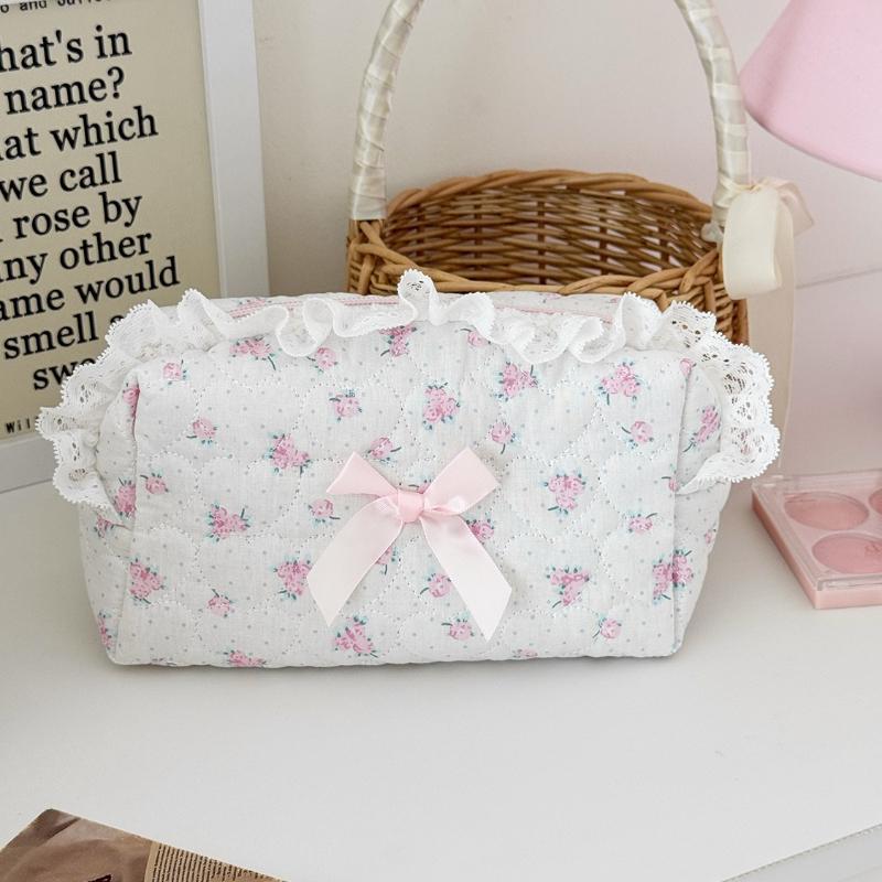 

Pink Floral Bow Cosmetic Bag Cute Lace Makeup Pouch Large Capacity Women Cosmetic Organizer Storage Bags белый