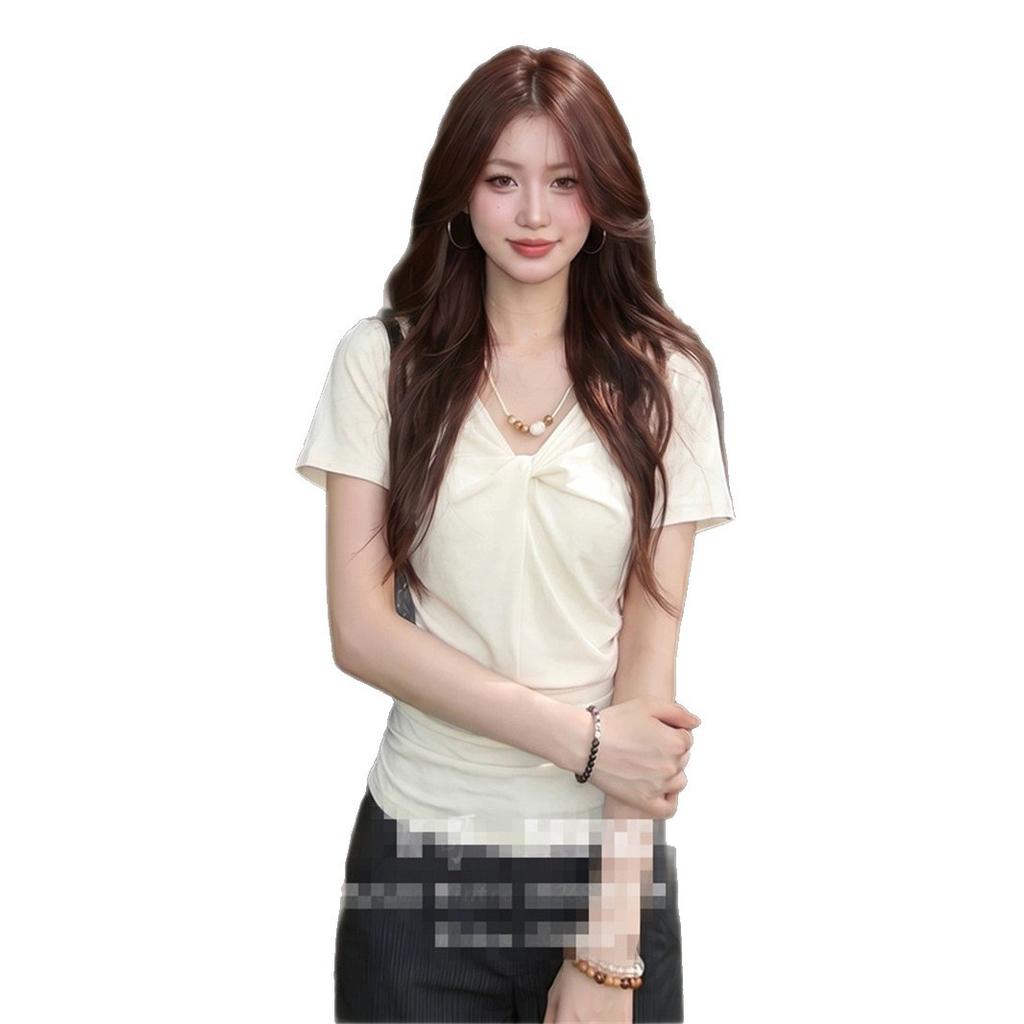 Korean Solid Color Gentle Wind V-neck Kink Short-sleeved T-shirt Women's Summer Simple Design Feeling Waist and Thin Temperament Top