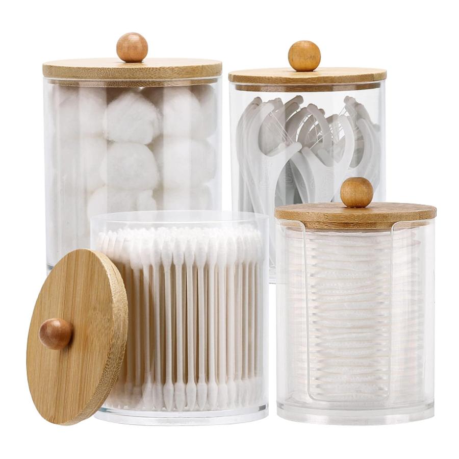 2/4 szt. Pojemnik/Dozownik na waciki, patyczki kosmetyczne, nić dentystyczną 10 oz, 12 oz Przezroczyste pudełko do przechowywania Słoiki apteczne z bambusowymi pokrywkami