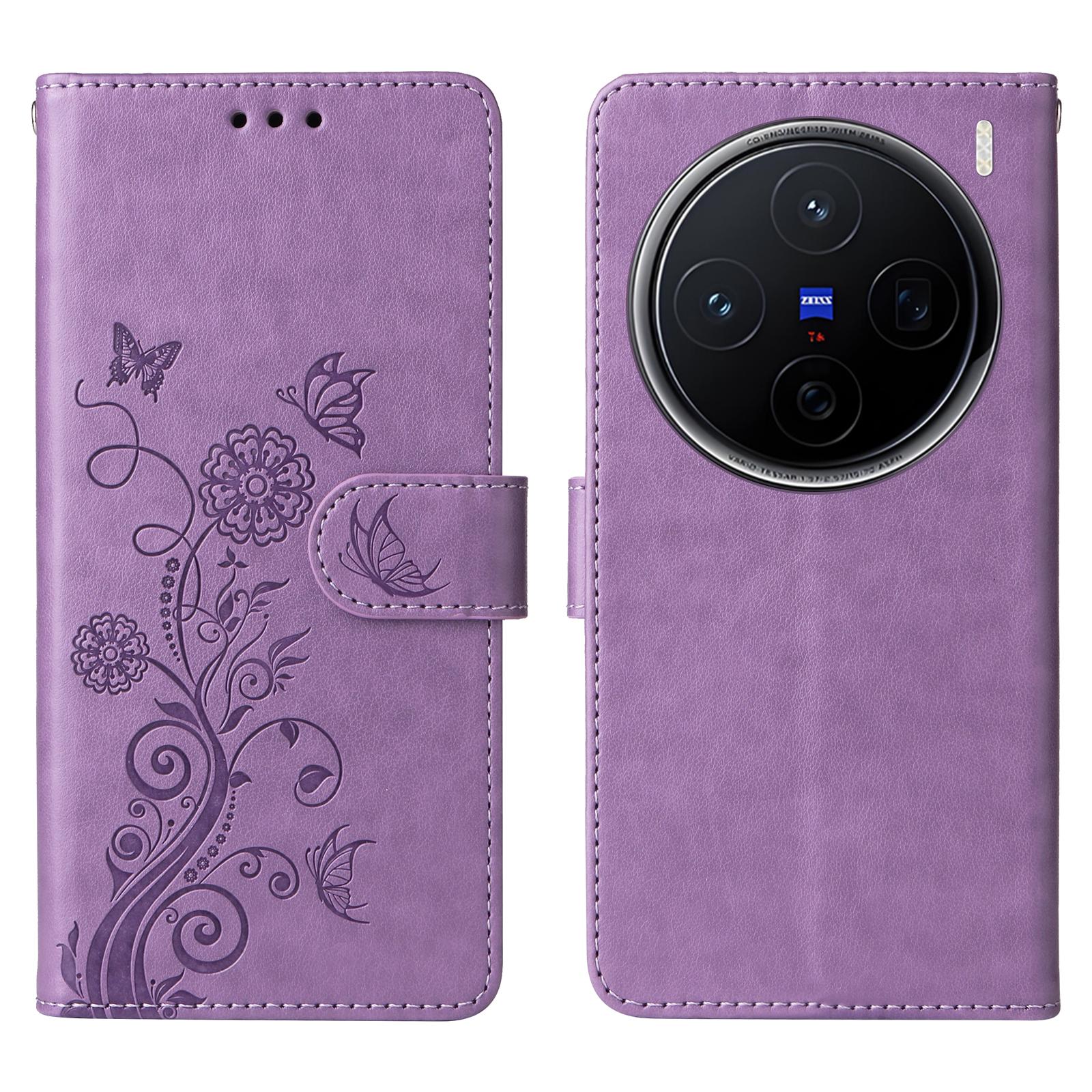 

Для vivo X200 5G Кожаный чехол Бабочка Цветочный оттиск Кошелек Подставка Обложка A