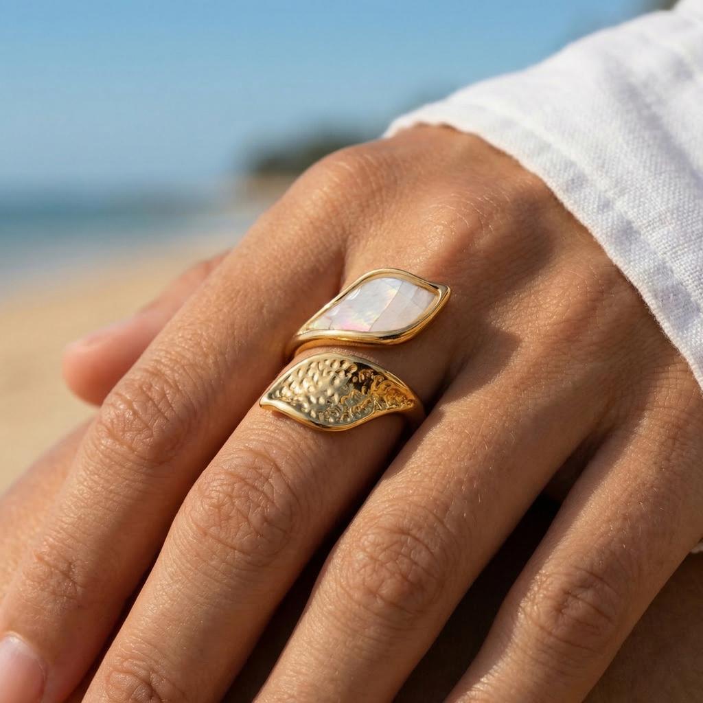 Abalone Shell Ring Natural Mother of Pearl Gold Plated Adjustable Open Irregular Geometric French Vintage Summer Beach Jewelry