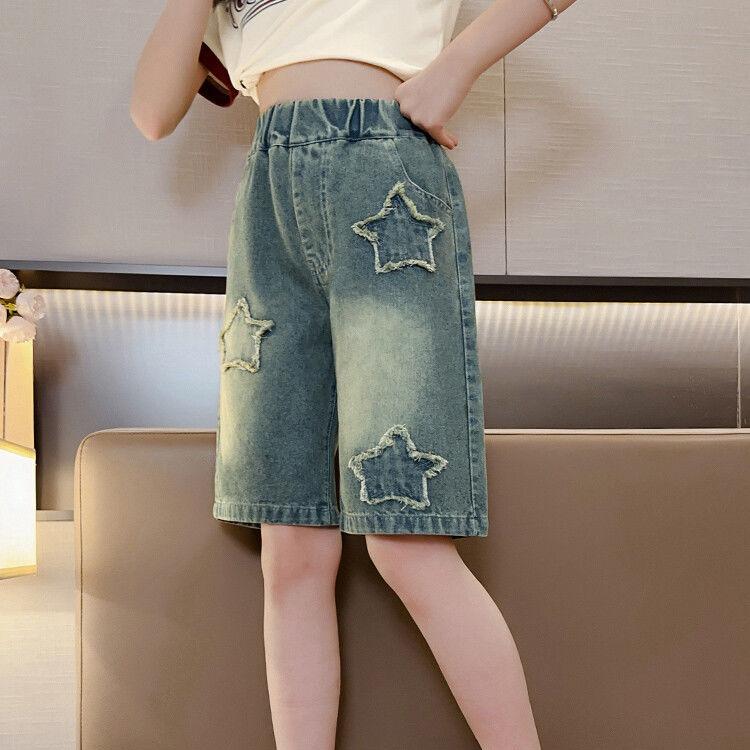 Retro Five Point Denim Shorts Loose and Tight Mid Waist Wide Legs Summer Thin Style Slimming and Loose Pants for Wearing Outside