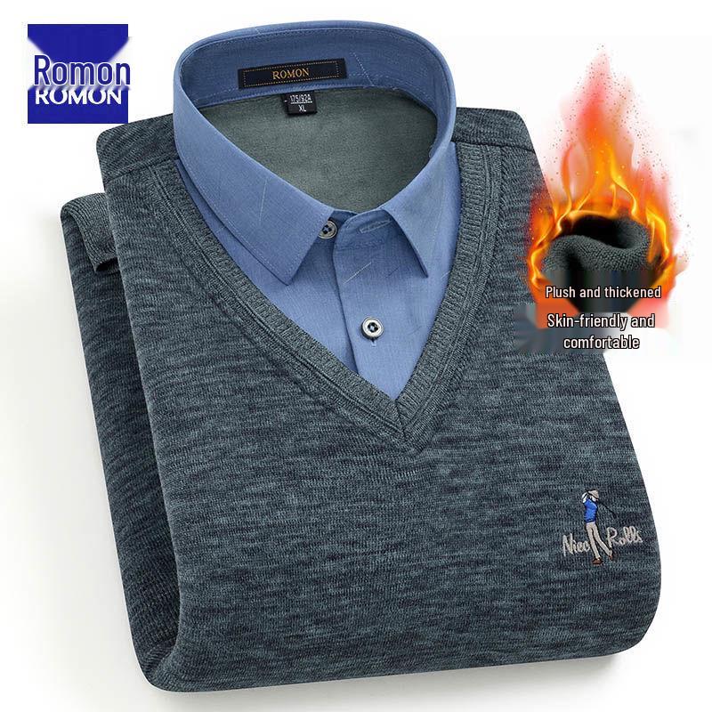 Romon Men's Winter V-Neck Sweater: Faux Two-Piece, Thick Velvet, Warm Knitwear for Middle-Aged and Elderly
