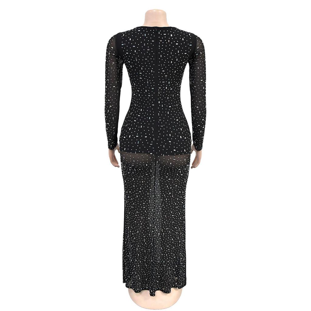 European & American Rhinestone Long Sleeve One-Shoulder Women's Dress