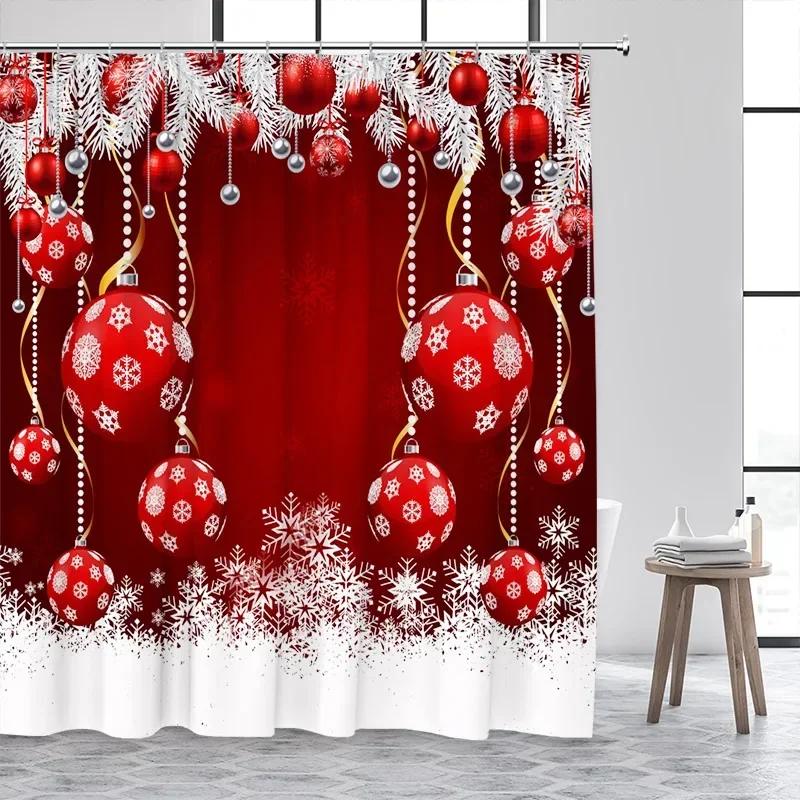 Christmas Balls Shower Curtain Green Pine Boughs Gold Stars Snowflakes New Year Xmas Bath Curtain Home Bathroom Decor With Hooks