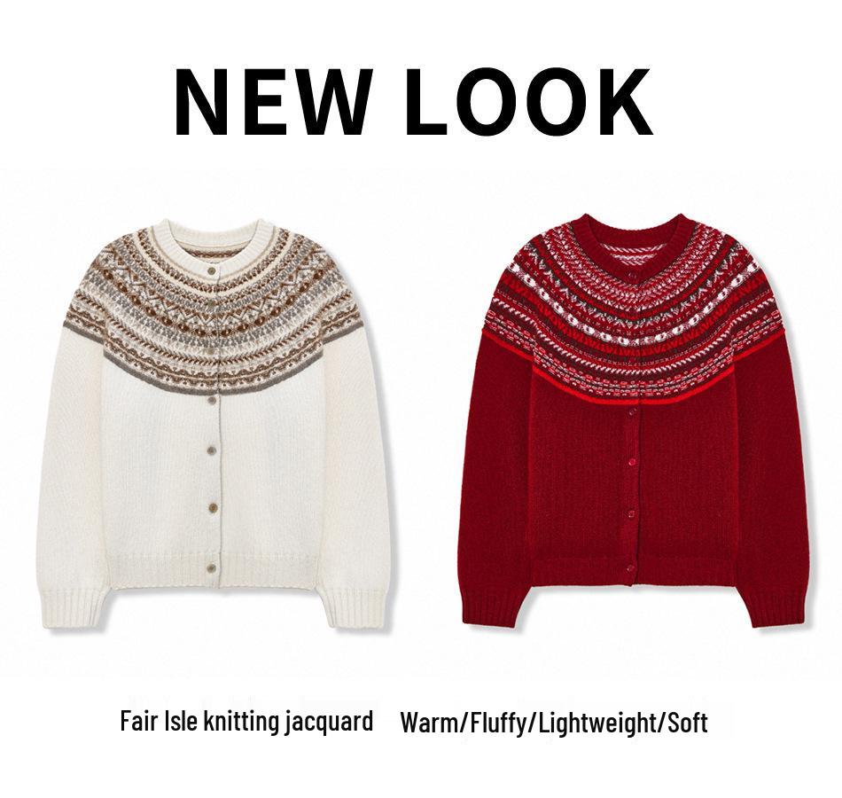 Women's Fair Isle Wool Cardigan - Short, Round Neck, Loose Fit, Korean Style Cashmere Knit for Autumn & Winter