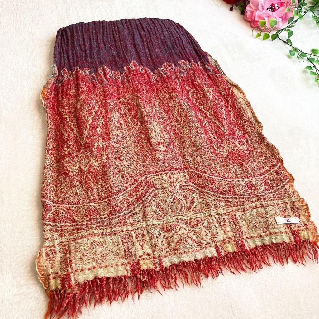 Used [Beautiful Condition] 45rpm Gauze Jacquard Paisley Stole - Ethnic, Fringe, Red x Purple x Multi