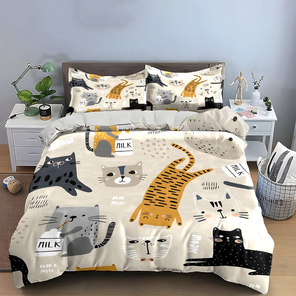 Cute Cartoon Cats and Milk Pattern Bedding Duvet Cover Set (1*Duvet Cover 2*Pillowcases, without duvet insert)
