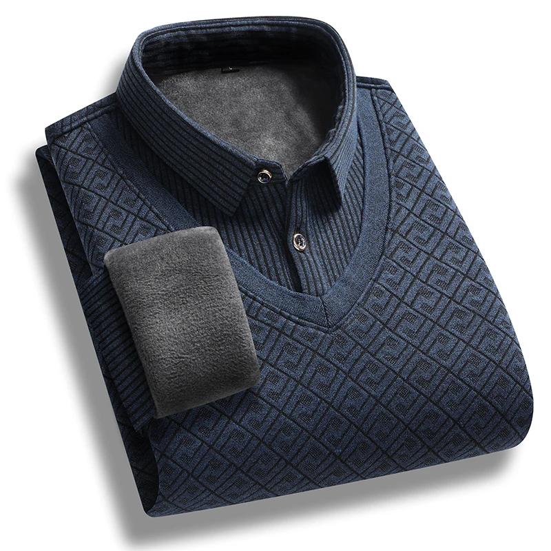 Moda Outono Inverno Plush de Alta Qualidade Gola Grossa Suéter Quente Tendência da Moda Solto Respirável Suéter Falso de Duas Peças