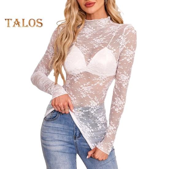 

Женские прозрачные сетчатые кружевные топы, сексуальные цветочные вышитые рубашки с длинными рукавами, нижние топы, универсальные прозрачные топы M белый