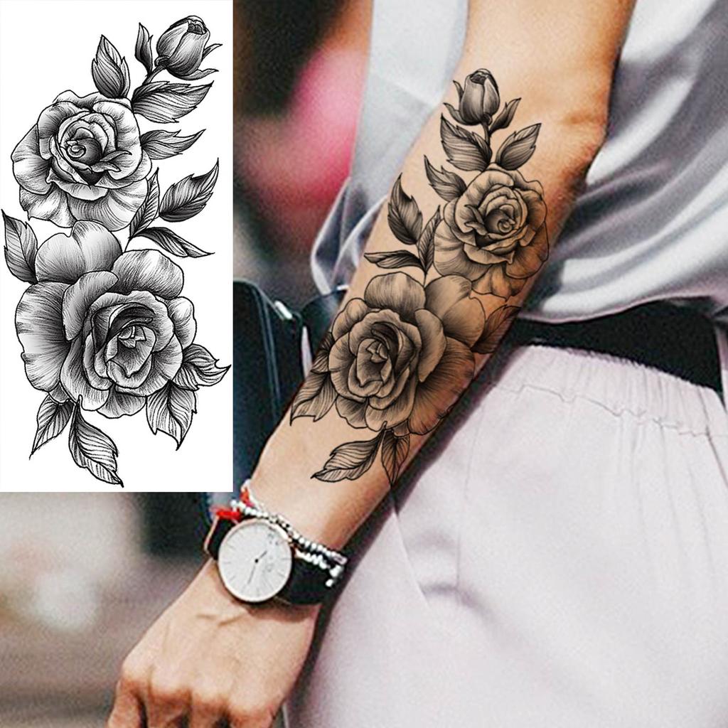 1 Sheet Black Flower Temporary Tattoos For Women Girls Realistic Fake Flora Floral Peony Tattoo Sticker Body Art Painting Decal