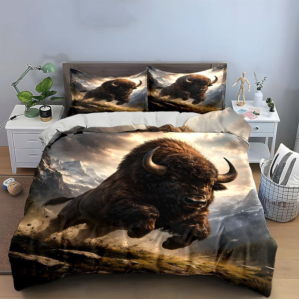 Roaring Bull In Mountain Scene Bedding Duvet Cover Set  (1*Duvet Cover 2*Pillowcases, Without Duvet Insert)