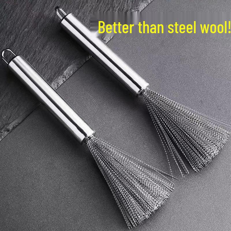 Stainless Steel Long Handle Pot Scrubber - Easy Clean Kitchen Brush for Oil and Dirt