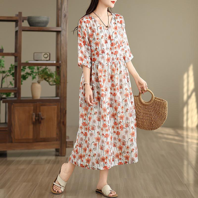 2026 Retro-Blumenmuster Sommerkleid - Elegantes langes Damenkleid