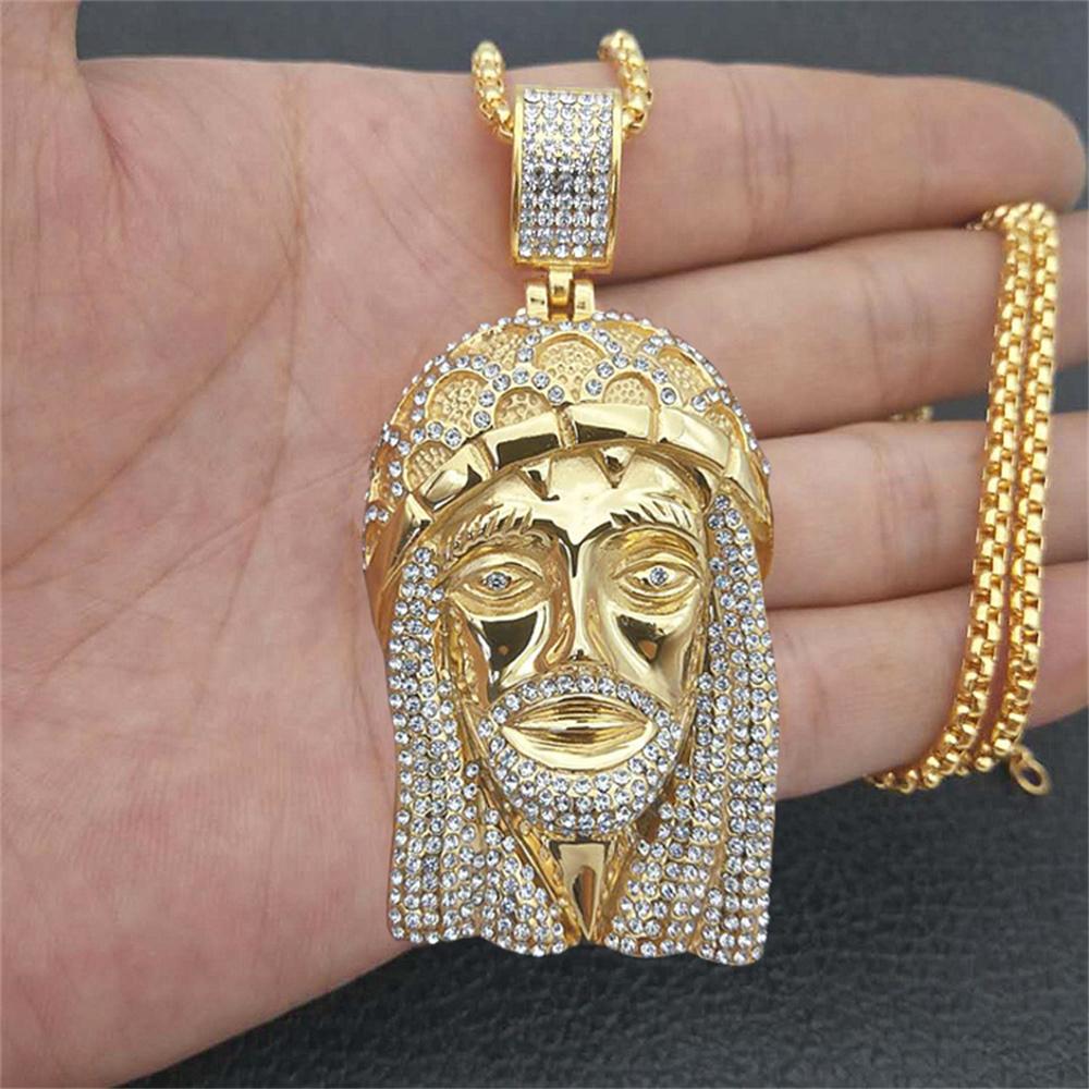 Hip Hop Iced Out Bling Jesuskopf Anhänger Männlich Goldfarbe Edelstahl Christlich Großes Halskette für Männer Religiöser Schmuck Geschenk