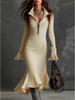 2025 Autumn Elegant Knit Fishtail Skirt with Zipper Lapel and Bell Sleeves - European and American Style