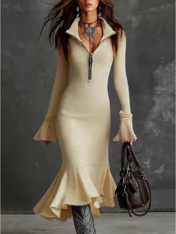 2025 Autumn Elegant Knit Fishtail Skirt with Zipper Lapel and Bell Sleeves - European and American Style