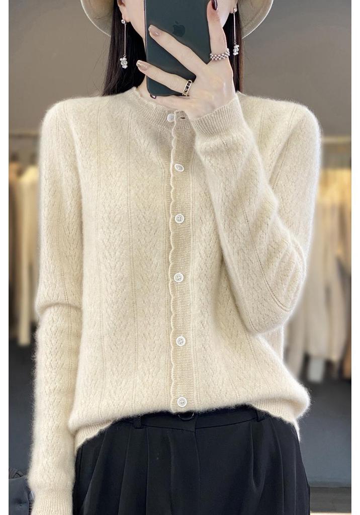 Women's Loose Knit Pure Wool Cardigan - Wheat Ear Design for Autumn Winter