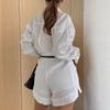 Set da Donna a Maniche Lunghe 2 Pezzi Casual Semplice Bottoni Tasche Pantaloncino Corto con Magliette Top Moda Estiva Tuta Abiti Femminili