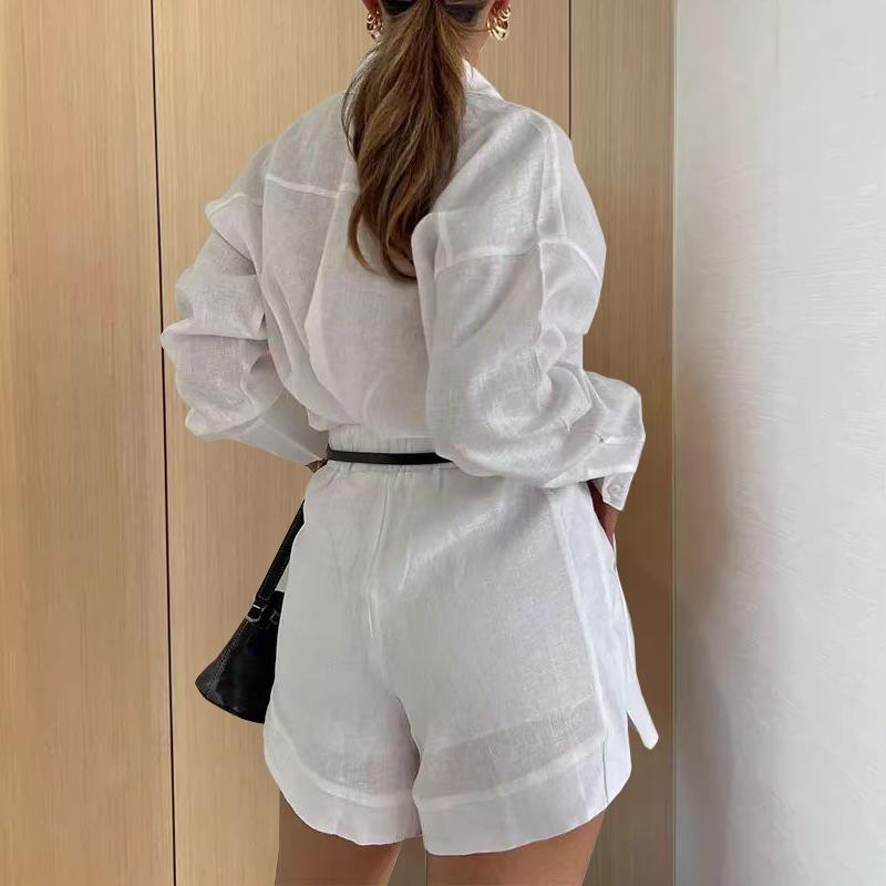 Set da Donna a Maniche Lunghe 2 Pezzi Casual Semplice Bottoni Tasche Pantaloncino Corto con Magliette Top Moda Estiva Tuta Abiti Femminili