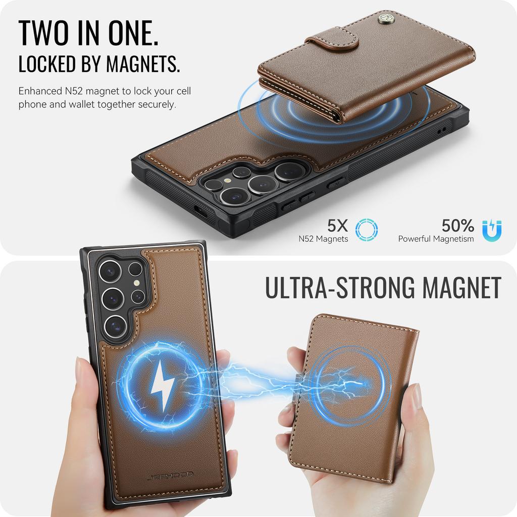 Für Samsung Galaxy S24 Ultra Hülle JEEHOOD J09 RFID-blockierender Kartenhalter Leder-Rückseite Handyhülle Magnetische Hülle