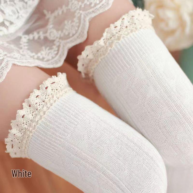 Japanese Style Twisted Lolita Lace Over-the-Knee Socks for Girls - Spring & Autumn, Cute White & Black