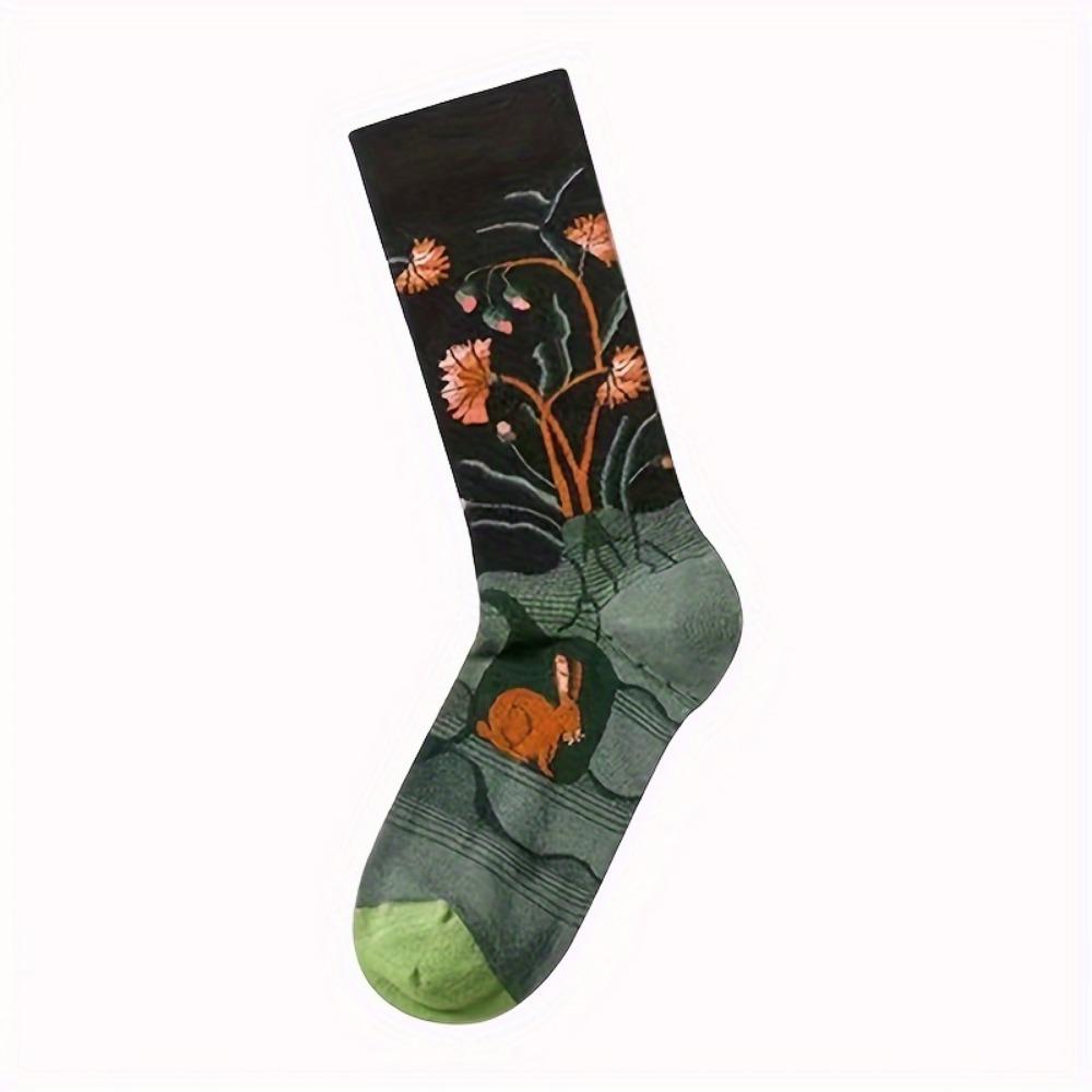 4 Pairs Creative Retro Oil Painting Socks, Comfy & Breathable Mid Tube Socks, Women's Stockings & Hosiery