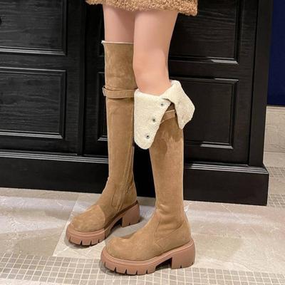 2025 neue Winter-Schneestiefel dicksohlige kleine Herren tragen Faltstiefel elastische Kniestiefel hohe Stiefel Damen