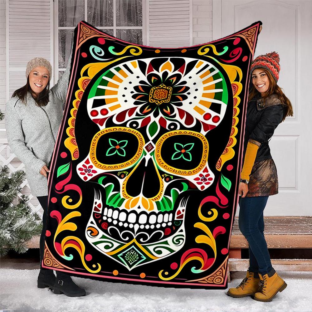 1pc Sugar Skull Artwork Print Outdoor Blanket, Lightweight Polyester,