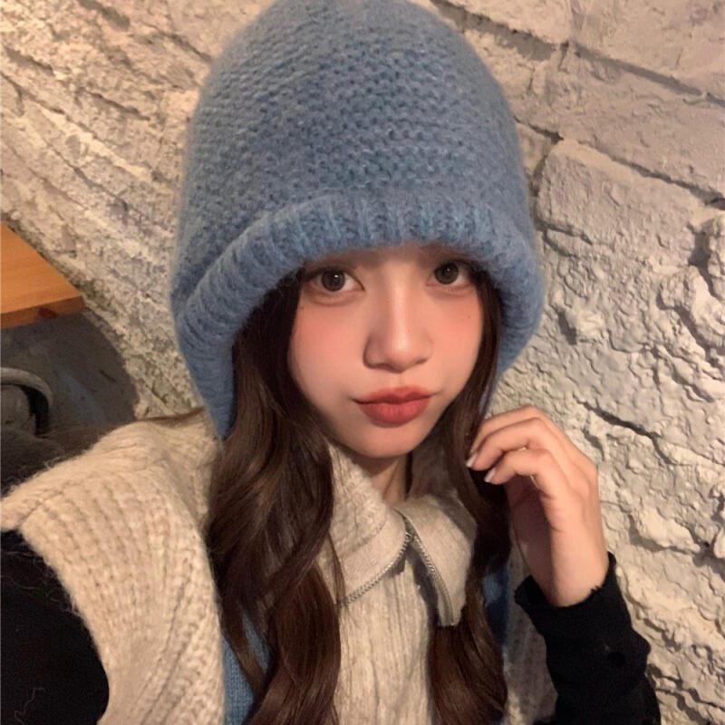 Plain two-way knit bonnet hat blue BLUE
