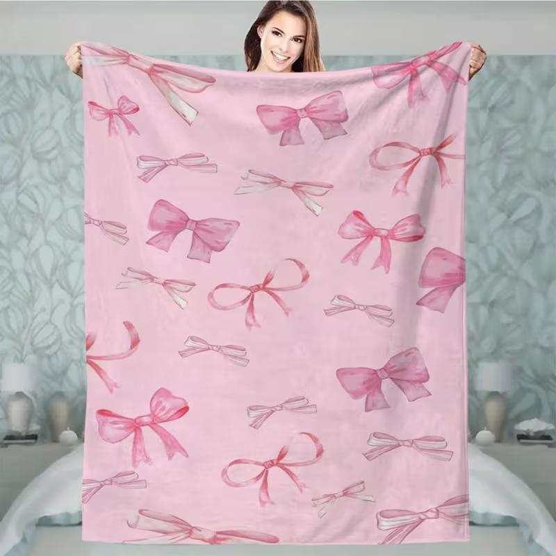 Watercolor Pink Bow Ribbon Flannel Throw Blanket Pastel Cute Coquette Pattern Soft Cozy Blanket Dorm Sofa Decor All Season