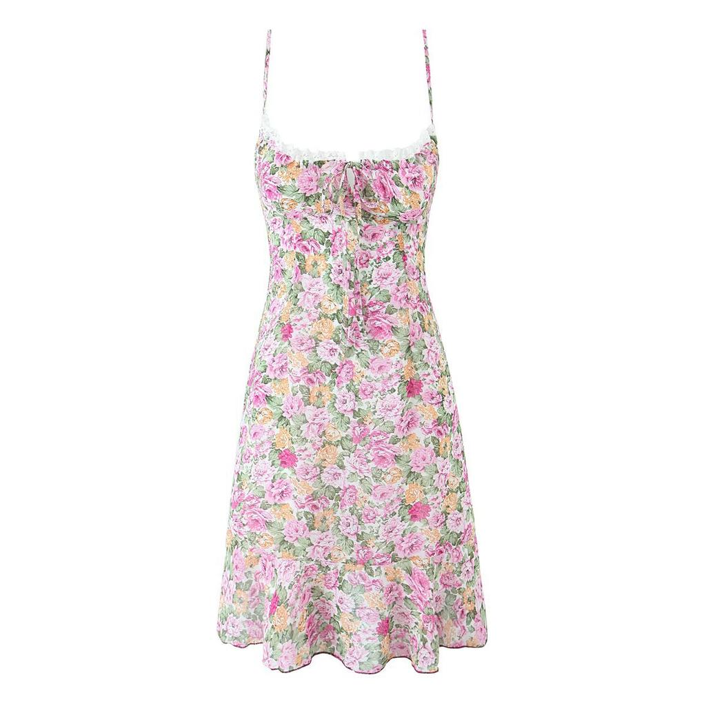French seaside vacation suspender dress V-neck lace splicing strap slim floral mini A-word skirt