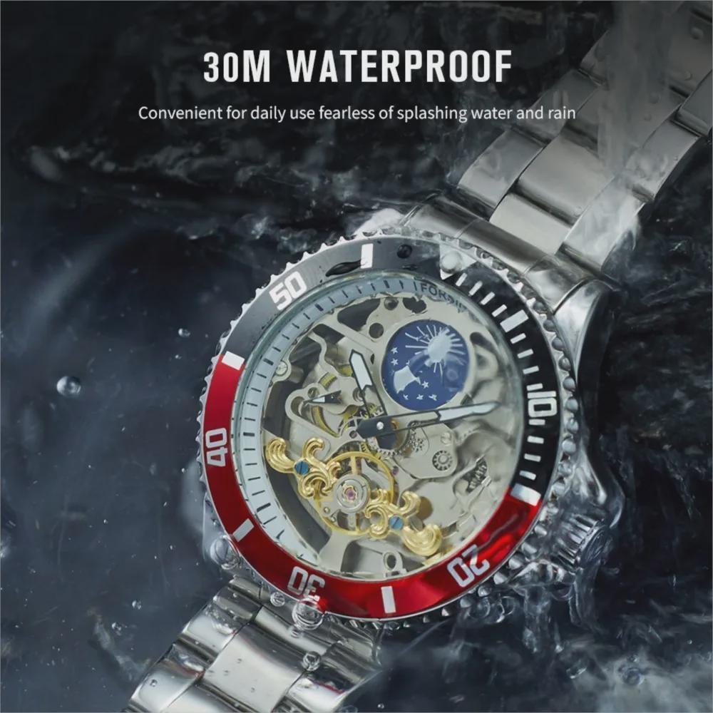 Mens Self-Winding Mechanical Watch Skeleton Moon Phase Luminous Dial Rotating Bezel Steel Strap Wristwatch Waterproof